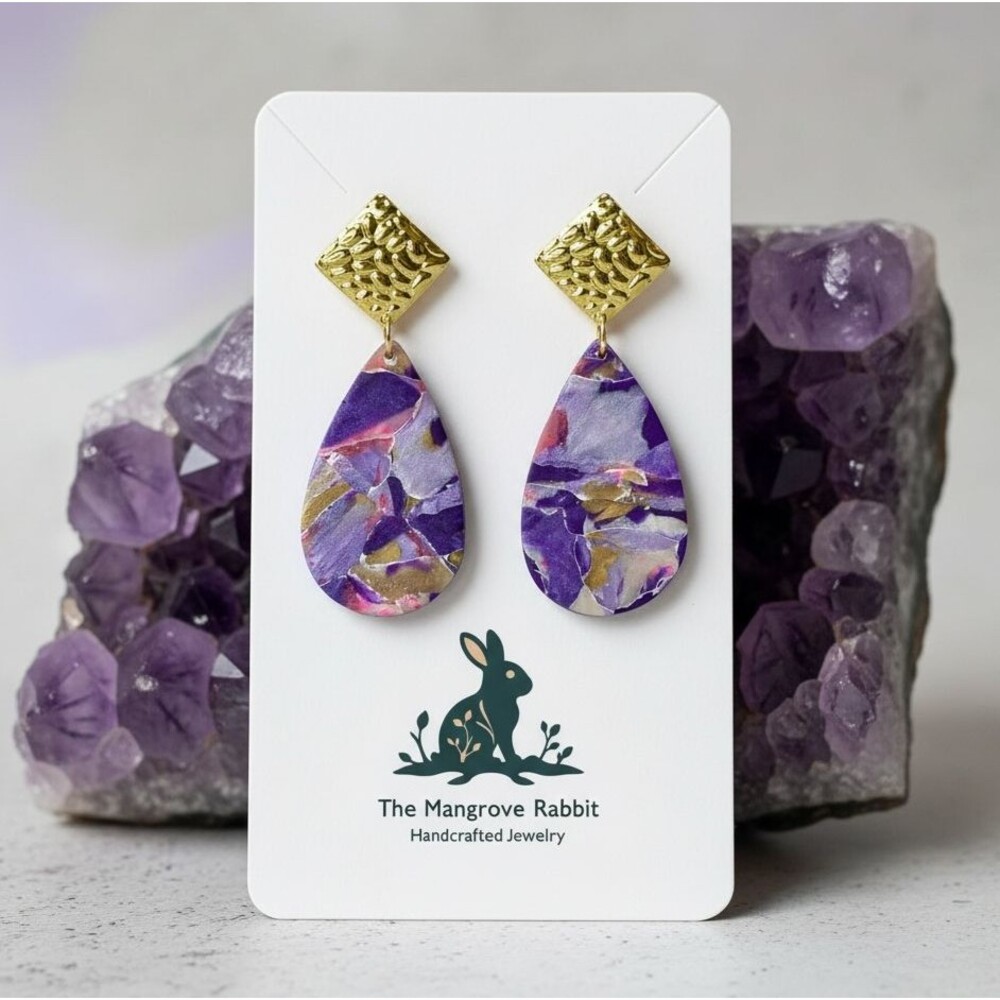 Handmade Purple Pink Gold Marble Polymer Clay Dangle Earrings Amethyst Inspired
